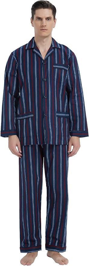 GLOBAL Men's Pajamas Sets 100% Cotton Flannel Sleepwear Long-Sleeve top & Bottom