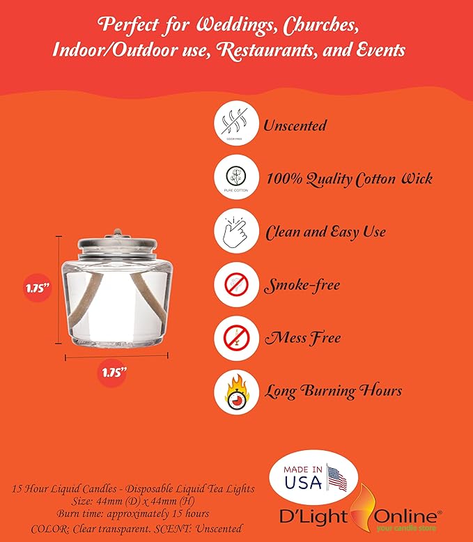D'light Online HD15 Liquid Votive Candles Fuel Cells - 15 Hour Burn Time Liquid Wax Disposable Clear Plastic Fuel Cells for Wedding Hotel, Restaurant Tables and Emergency Candles - Set of 96