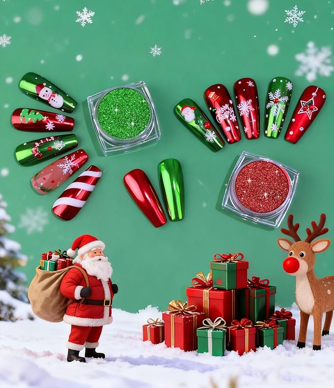 Gold Chrome Nail Powder - 4 Colors Christmas Red Green Laser Gold Nail Chrome Powder, Sparkly Holographic Chrome POwder for Nails Mirror Effect Glitter Pigment Dust - Christmas Nail Design