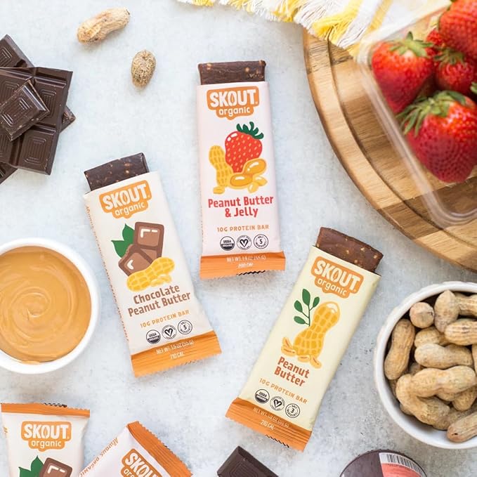 Skout Organic Plant-Based Protein Bars Peanut Butter (12 Pack) – 10g Protein – Vegan Protein Bars – Only 3 Ingredients – Easy Snack – Gluten, Dairy & Soy Free