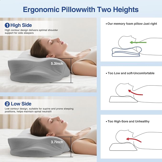Cervical Pillow for Neck Pain Relief - Ergonomic Neck Pillow with Ice Silk Pillowcase, Cooling Memory Foam Pillows for Side Back Stomach Sleepers
