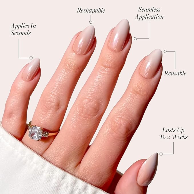 Glamnetic Press On Nails - Fiancéd | Short Almond Fake Nails with a Nude Ombré and Glossy, Glazed Finish, Salon Quality | 15 Sizes - 30 Nail Kit with Glue