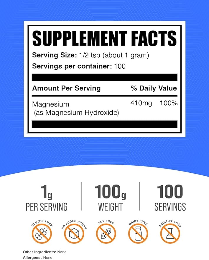 BulkSupplements.com Magnesium Hydroxide Powder - Magnesium Hydroxide Supplement - Food Grade & Gluten Free, 1g per Serving, 100g (3.5 oz) (Pack of 1)