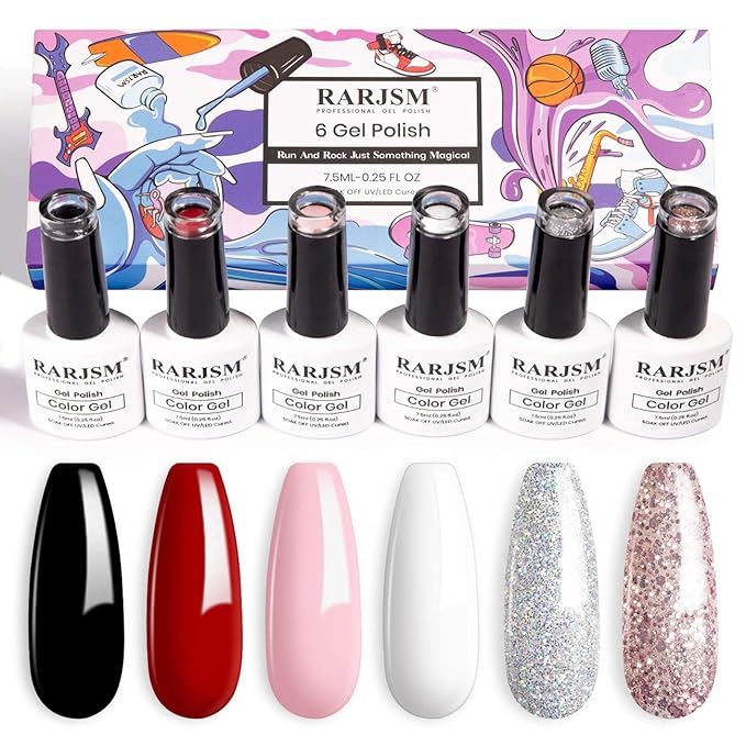 RARJSM Gel Nail Polish Kit, Glitter Rose Gold Silver Gel Polish, Pastel Pink Classic Red Black White Nail Polish Set, Curing Required Nail Art Manicure Salon 7.5ML Each Bottle
