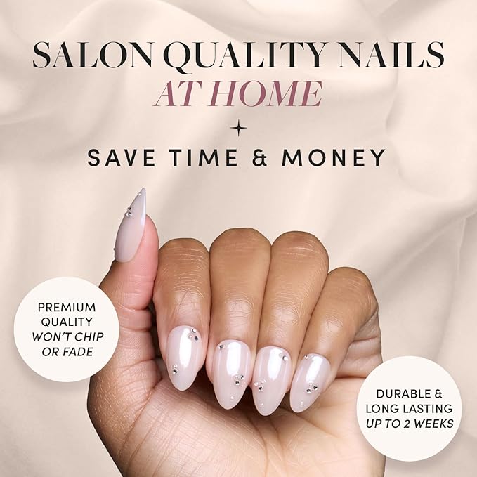 Glamnetic Press On Nails - Fiancéd | Short Almond Fake Nails with a Nude Ombré and Glossy, Glazed Finish, Salon Quality | 15 Sizes - 30 Nail Kit with Glue