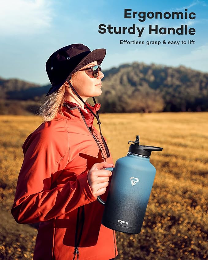 64oz Water Bottle Insulated with Handle,Double-Wall Vacuum Stainless Steel (Cold for 48 Hrs), Half Gallon Water Jugs,Reusable Metal Water Flask with Carry Pouch,Straw & Spout Lid,Indigo Black