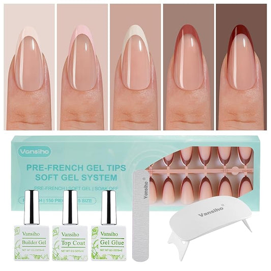 Vansiho French Gel Nails Kit - Medium Almond French Tip Press on Nails Kit, Nail Gel and Nail Lamp for Gift and Nail Art DIY