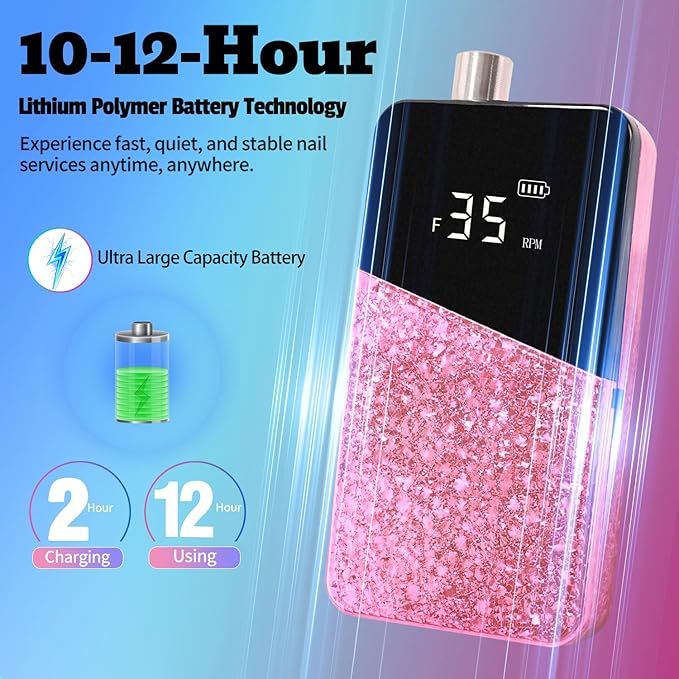 Electric Nail Drill Machine 35000RPM Professional Portable Nail File Cordless Rechargeable Nail Efile for Acrylic Gel Nails Manicure Pedicure Polishing Shape Tools for Salon Home Use (Snowflake Pink)