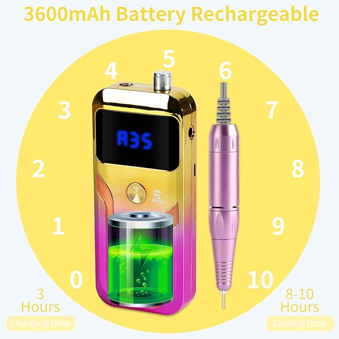 Portable Nail Drill Professional 35000 RPM, MOCOWIND Rechargeable Electric Nail File Machine E File for Acrylic Gel Polishing Removing, Cordless E-File with Bits Kit for Manicure Salon Home
