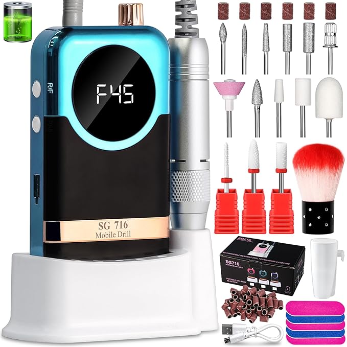 LIMEGIRL Professional Electric Nail Drill Kit 45000RPM Portable Cordless Toenail Cordless Toenail Machine with 14 Drill Bits and Base for Women (Green)