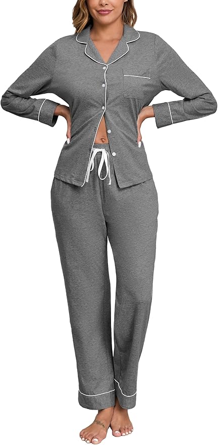 Veseacky 100% Cotton Pajamas for Women Set Long Sleeve Button Down Sleepwear Soft Pjs Lounge Sets with Pockets S-XXL