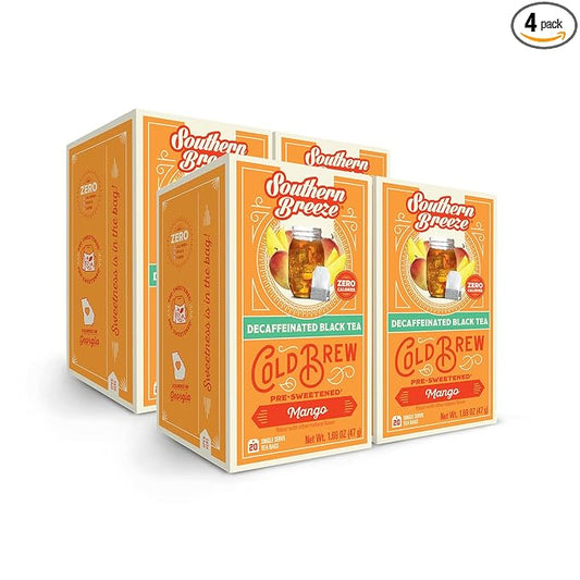 Southern Breeze Decaf Cold Brew Sweet Tea Mango Iced Tea with Black Tea and Zero Carbs Zero Sugar, 20 Individually Wrapped Tea Bags, Pack of 4