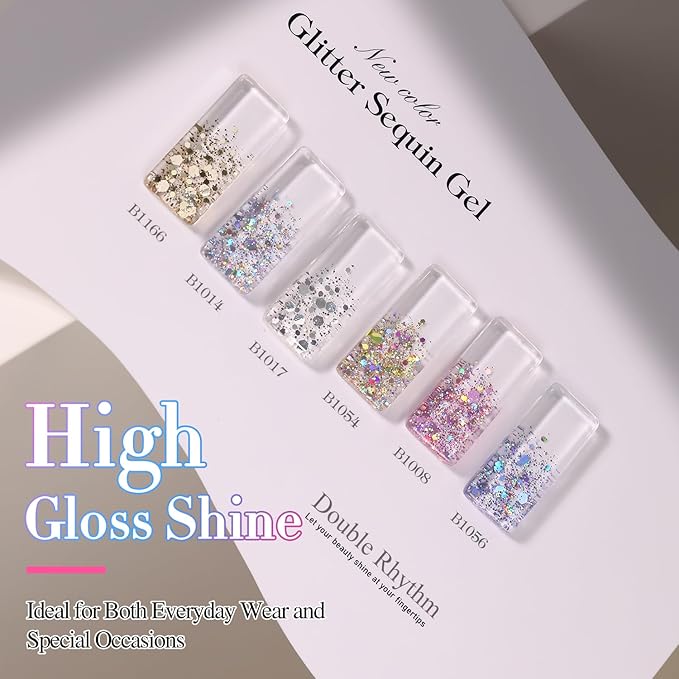 Double Rhythm 0.5 Oz Glitter Gel Polish Set of 6 Color with Display Board 15 ml Full Size Kit Shimmer Reflective Sparkle Soak Off Manicure Salon DIY at Home (Gold Blue Silver Purple Pink-T6-37)