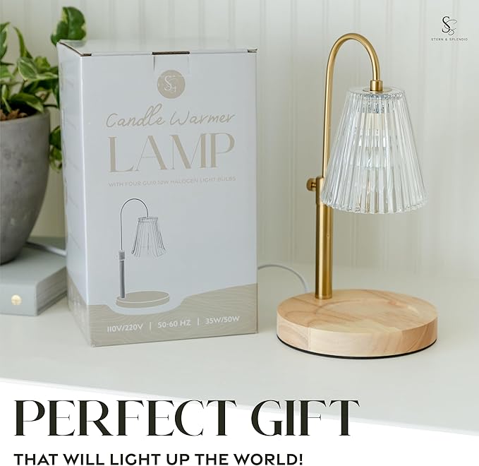Wood Candle Warmer Lamp with Large Round Base & Adjustable Height, Dimmable Candle Lamp with Timer, Electric Lamp Candle Warmer for Jar Candles, Candle Melter Lamp with 4 Halogen Light Bulbs