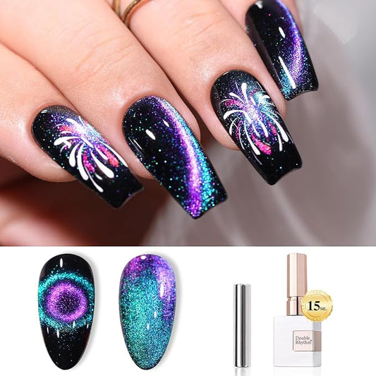 Double Rhythm Jelly Glass Cat Eye Gel Polish with Magnet 15ML Holographic Glitter Shimmer Translucent Sheer Color Magnetic Nail Polish Salon DIY at Home (Blue Purple-MC1049)