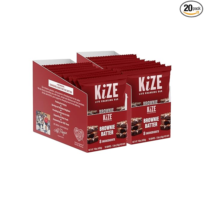 KiZE Energy Bars - Brownie Batter - 20-Count - Almond-Butter-Based, Gluten Free, Dairy Free, Non-GMO, and High Protein Meal Replacement Energy Bars, Clean and Simple Food Ingredients - 10g High Protein Snacks (20 Count)