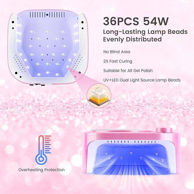 Lavinda 54W UV LED Nail Lamp, Professional UV Light for Gel Nails Rechargeable Cordless Nail Dryer with 4 Timer Settings & Auto Sensor, Fast Curing Gel Light for Home and Salon Use Glitter Design