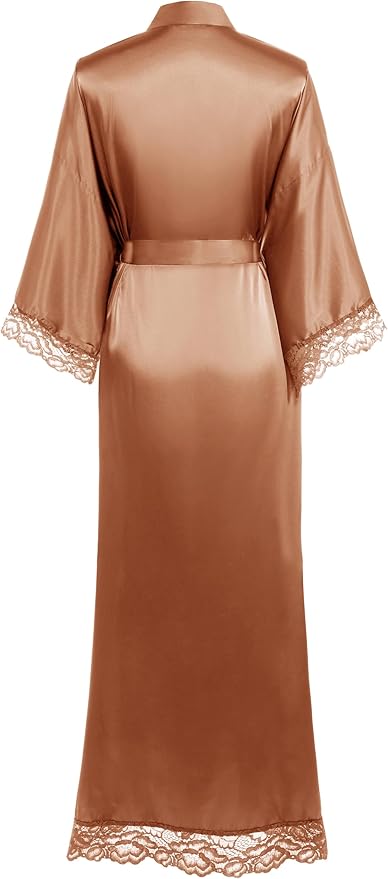 BABEYOND Satin Kimono Robe Silky Long Bridesmaid Wedding Lightweight Bath Robe with Lace Trim