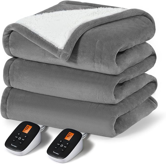 Sunable Heated Electric Blanket - Machine Washable Blanket with Time Settings 10 Heat Settings Queen Size 84×90 inches Grey - Velvet & Sherpa