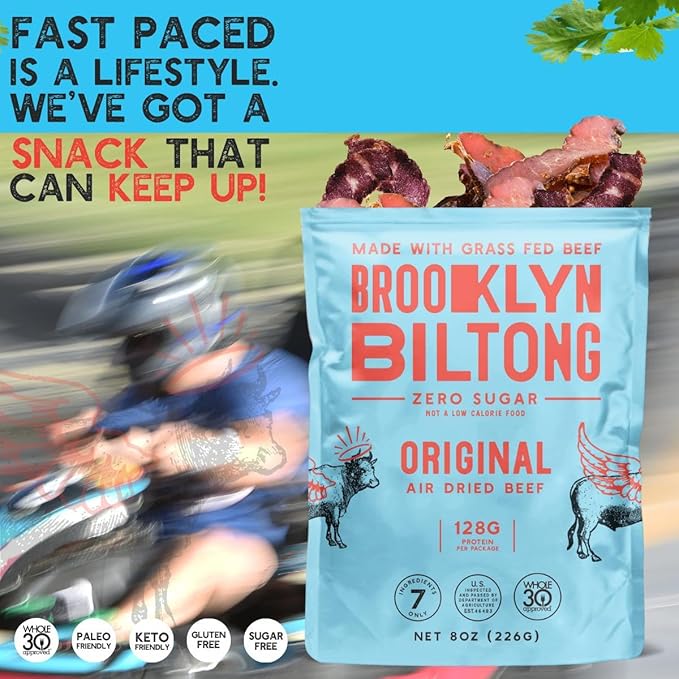Brooklyn Biltong - Air Dried Grass Fed Beef Snack, South African Beef Jerky - Whole30 Approved, Paleo, Keto, Gluten Free, Sugar Free, Made in USA - 8 oz, Pack of 2 (Original)