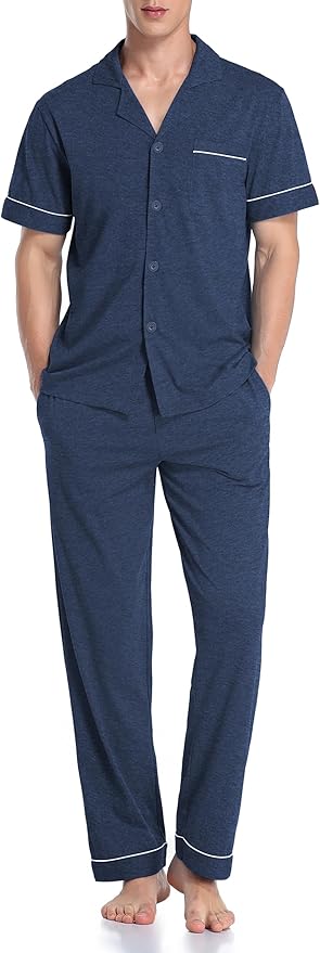 COLORFULLEAF Men's 100% Cotton Pajamas Set Button Down Sleepwear Short Sleeve and Long Pants Pjs