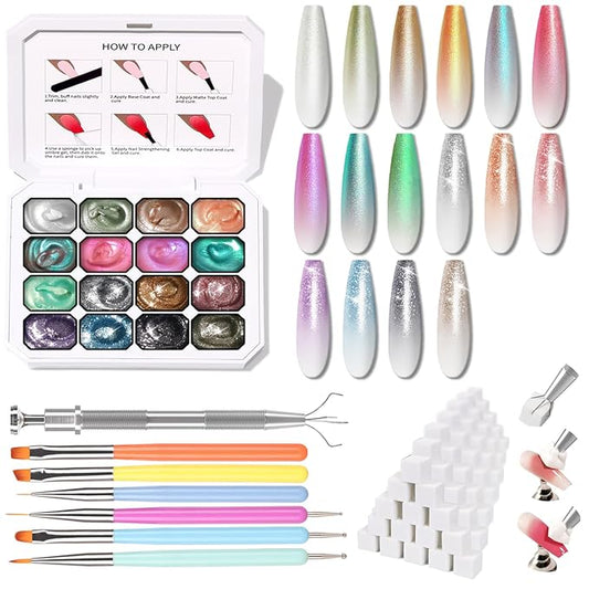 Glitter Pat Gel Nail Polish Palette, 16 Colors Blending Ombre Gel Polish Patting Gradient Painting Nails Art, No Wipe, UV/LED Cured, Aurora Mermaid Chrome Holographic (Set 05)