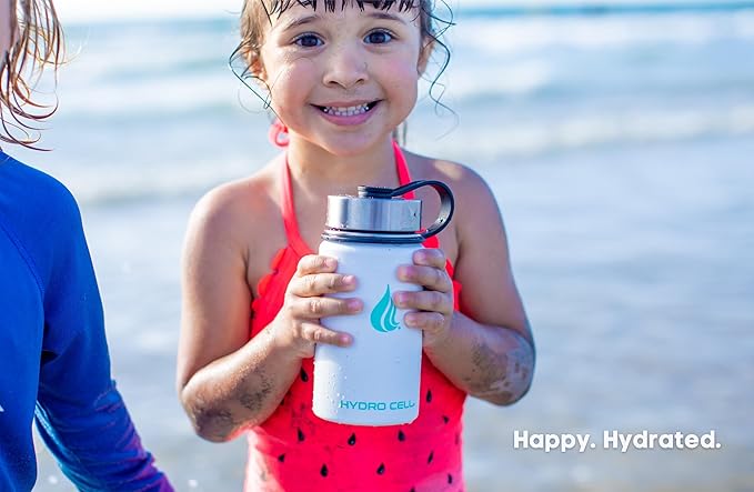 HYDRO CELL Stainless Steel Sport Water Bottle with Straw - Keeps Drinks Cold & Hot via a Leak Proof Metal Triple Insulated Vacuum Flask for All Sports and Outdoors Activities (White 14oz)