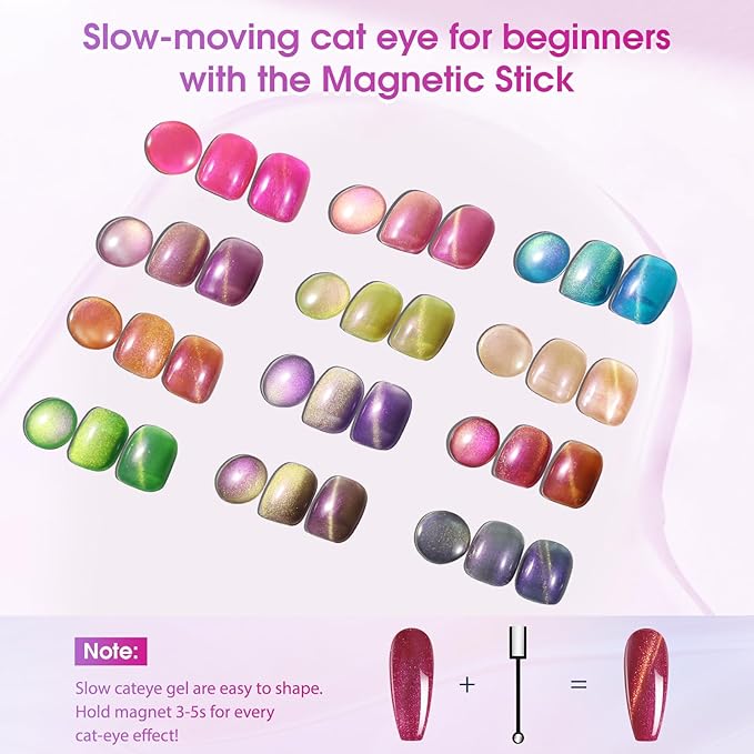 ROSALIND Gold Glitter Cat Eye Gel Polish - 12 Colors Magnetic Cateye Gel Nail Polish Set with Magnet Stick Golden Silk-like Effect Soak Off UV Set Sparkling Glitter Nail Art Collection