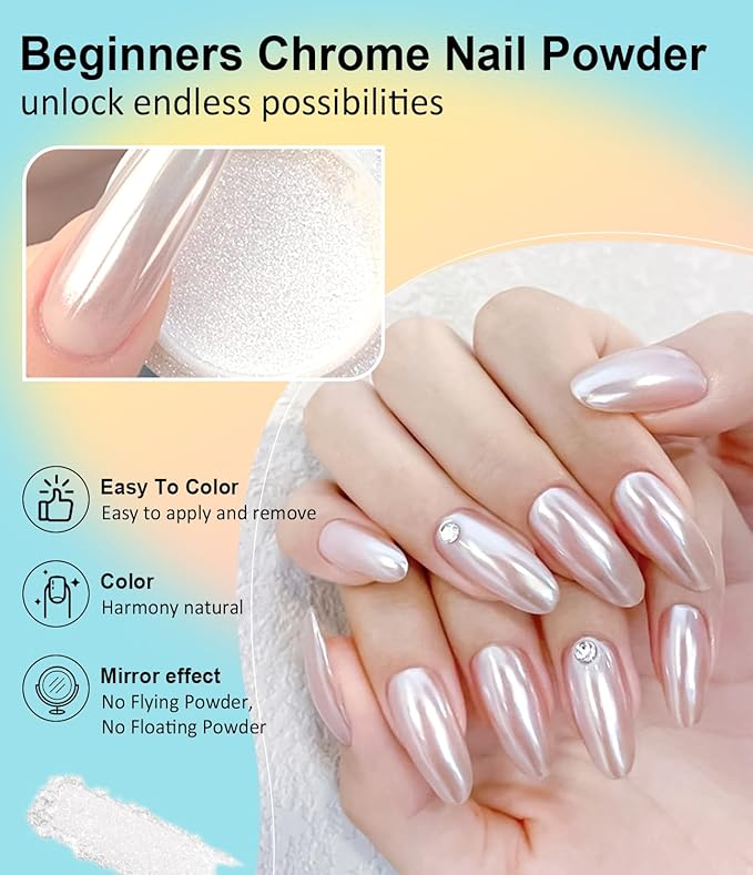 Gold Chrome Nail Powder BISHENGYF -【Metallic Mirror Effect】Pearl Chrome Nail Powder White Aurora Mermaid Iridescent Silver Nail Chrome Powder Metallic Mirror Glitter Pigment Dust For Nail Art DIY