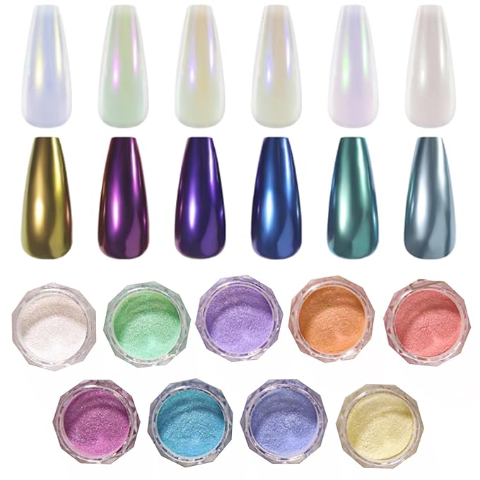 Holographic Mirror White Pearl Chrome Nail Powder Gold Effect Pure Metallic Dust Sequins UV Gel Nail Chrome Powder Pigment for Nail Art Decoration (Multicolour)