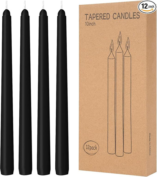 12 Pack Black Taper Candles 10 inch - Taper Candles Dripless, Smokeless, Unscented - 8 Hours Long Burning - Hand Poured Tall Candlesticks - Perfect for Home Decor, Weddings, and Special Occasions