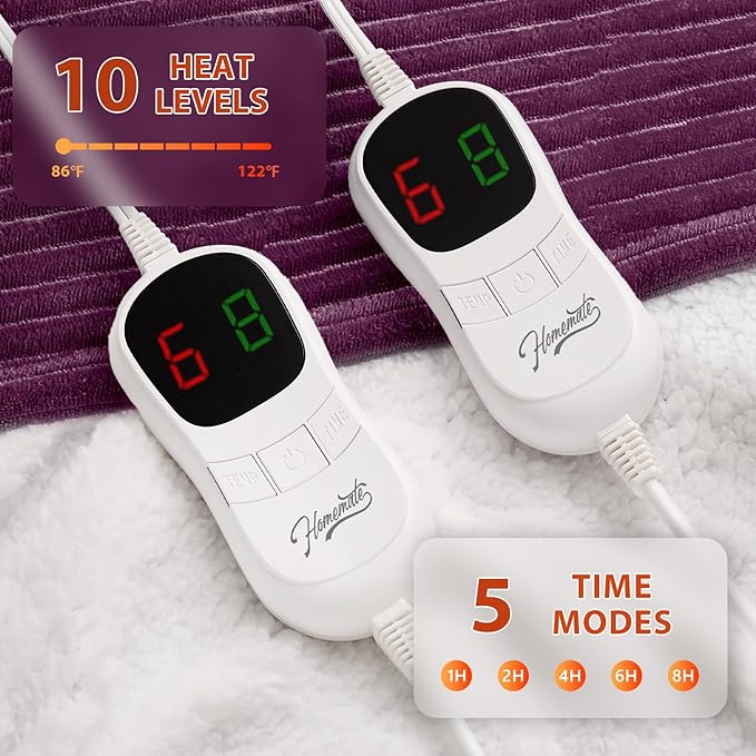 Homemate Electric Heated Blanket Queen Size - 84"x90" Heating Blanket Queen Size Dual Control 1/2/4/6/8 Hours Auto-Off 10 Heat Level Over-Heat Protection Soft Flannel Sherpa ETL Certification