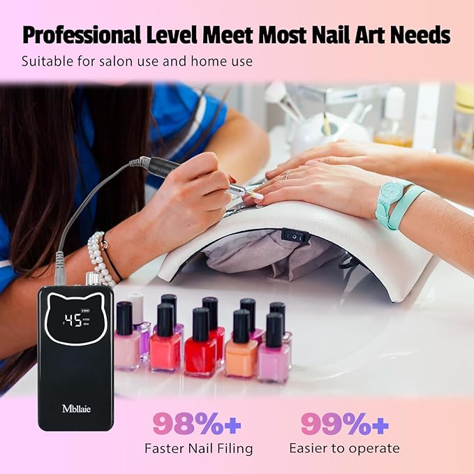 Professional Nail Drill File 45000RPM Electric Portable Nails Drills Kit with Rechargeable 7 uñas Bits Cordless Efile for Poly Gel Acrylic Nails Remover Home Salon Pedicure Manicure Tool (Black)