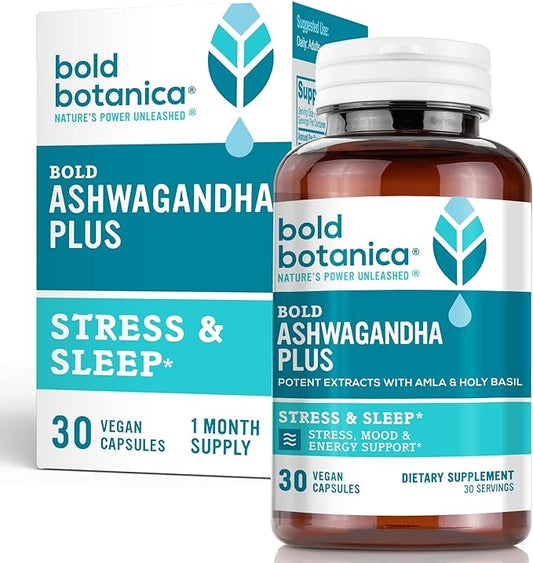 Bold Botanica Ashwagandha Plus – Stress, Mood, Memory & Energy Support – Potent Extracts of Root and Leaf with Amla & Holy Basil – Triple Adaptogenic Formula – One Capsule Daily – 30 Vegan Caps