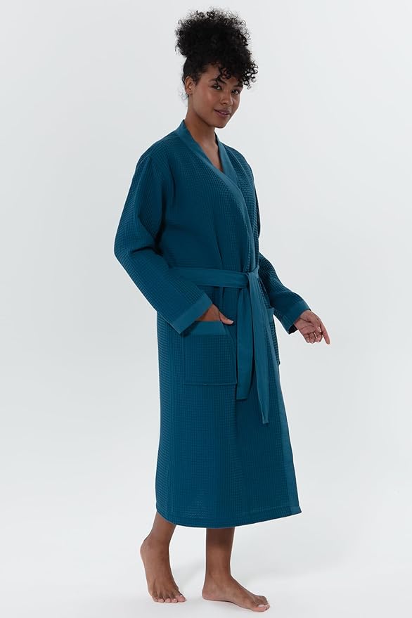 SEYANTE Women’s Luxury Waffle Shawl Collar, Hooded Robe w Piping – Lightweight, Long, Ultra Soft Spa Sleepwear Bathrobe