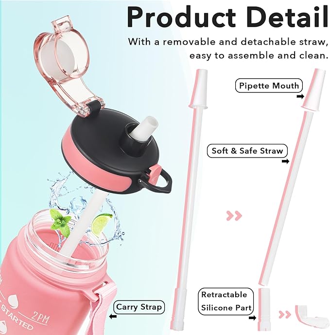 Enerbone Water Bottle, Leakproof BPA & Toxic Free, Motivational Water Bottle with Times to Drink and Straw, Fitness Sports Water Bottle with Strap for Office, Gym, Outdoor Sports