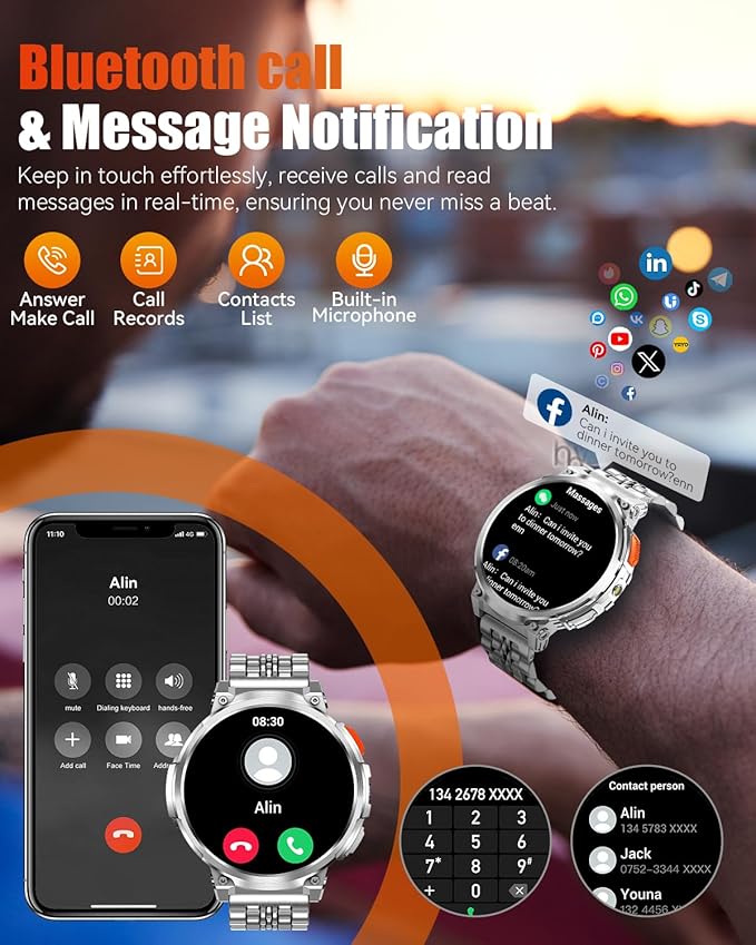 1.85" Big Screen Military Smart Watch for Men with Flashlight, 730mAh Large Battery, IP68 Waterproof, Bluetooth Calling, 114 Sports Modes, Heart Rate/Sleep Monitor for iOS Android