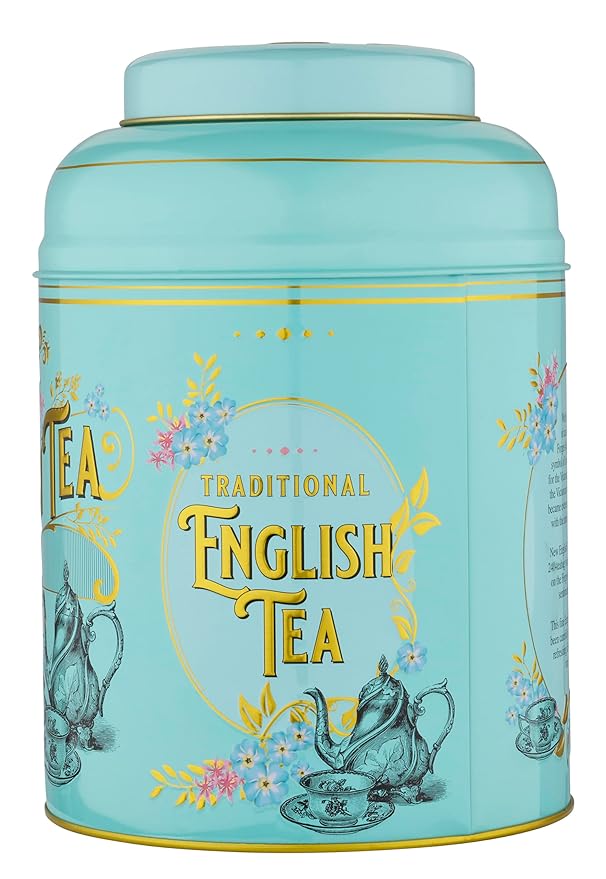 New English Teas Vintage Victorian Tea Tin with 240 English Breakfast Teabags for Tea Lovers, Forget Me Not Florals & Classic Tea Set Design