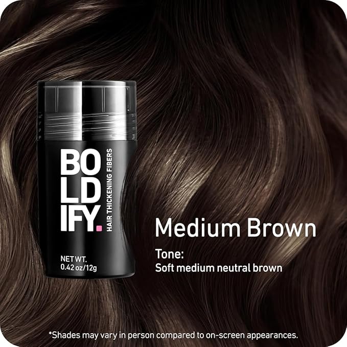 BOLDIFY Hair Fibers (12g) - Fill In Thinning and Fine Hair for an Instantly Fuller, Thicker Look - 14 Shades for Women & Men - Medium Brown