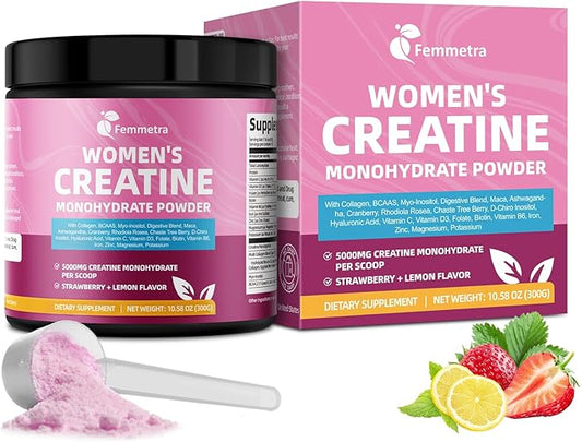 Creatine Collagen for Women, Creatine Monohydrate BCAA Myo-Inositol Biotin Hyaluronic Acid Folate L Glutamine Vitamin D3 C B6 Iron Zinc D-Chiro-Maca Digestive Enzyme Probiotic Ashwagandha Magnesium 5g