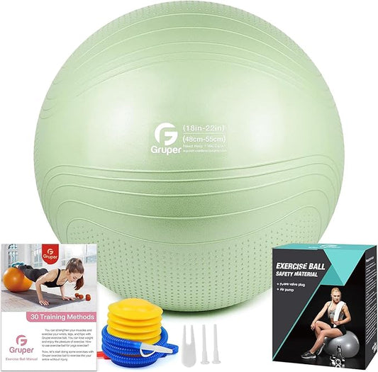 Gruper Yoga Ball, 18-30 Inch Extra Thick Exercise Ball for Workout Fitness Balance, Anti Burst Chair for Home and Office Desk, Includes Hand Pump & Workout Guide Access