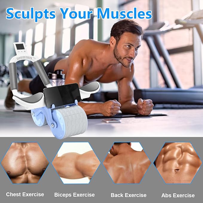 Bersauji 2025 New Ab Roller Wheel with Knee Mat &Timer, Automatic Rebound Abdominal Wheel, Ab Abdominal Exercise Roller with Elbow Support, Abs Workout Equipment Ab Exercise Roller for Women Men