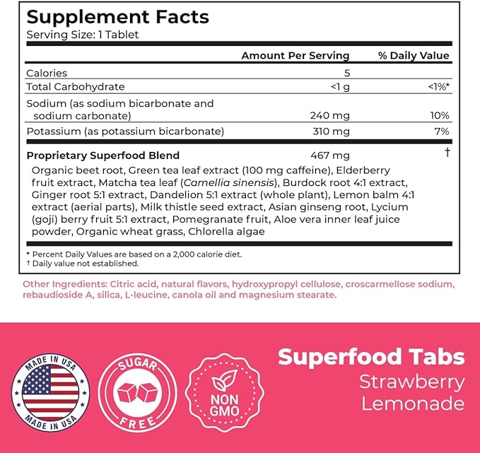 Superfood Tabs Superfoods Company Detox Cleanse Drink - Supplement for Women & Men - Support Healthy Weight, Digestive Health, Cravings & Bloating Relief - Strawberry Lemonade Flavor [60 Tablets]