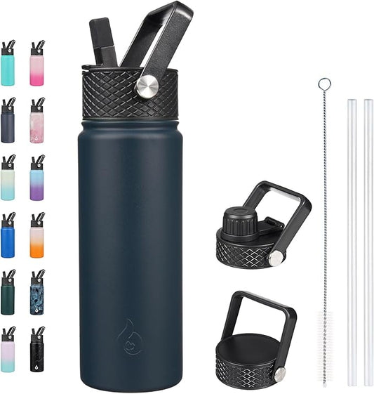BJPKPK Insulated Water Bottles with Straw Lid, 22oz Cold & Hot Thermo, Stainless Steel Metal Water Bottle with 3 Lids, Reusable Thermo, Cups, Mugs for Daily Use-Navy Blue