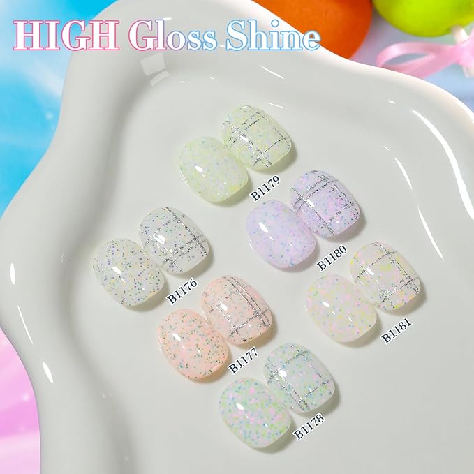 Double Rhythm 0.5 Oz Glitter Gel Polish Set of 6 Color with Display Borad 15 ml Full Size Kit Shimmer Reflective Sparkle Soak Off Manicure Salon DIY at Home (Eggshell Green Purple Colorful Dots-T6-41)