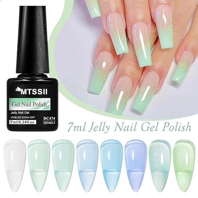 MTSSII Jelly Green Blue Gel Nail Polish Set, 8 Transparent Sage Green Baby Blue Gel Polish Matcha Avocado Soak Off Nail Art Design Home Manicure Kit Gifts