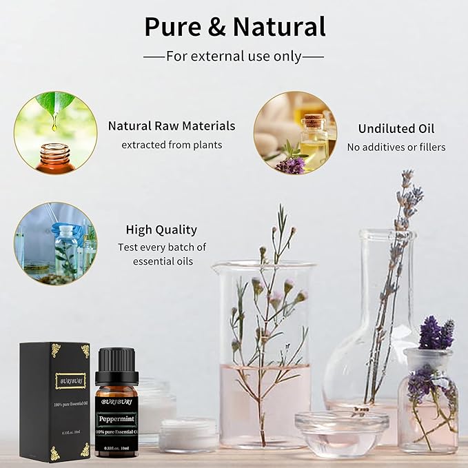 BURIBURI Peppermint Essential Oil 100% Pure, Undiluted, Natural, Organic Aromatherapy Mint Essential Oils 10ML for Diffuser, Soap Candle Making