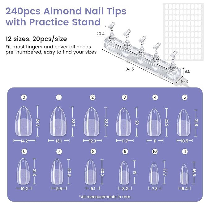 Medium Almond Nail Tips: 240PCS Soft Gel Clear Almond Pre-Shaped Nails Tips with Nail Stand, 12 Sizes Full Cover Fake Press on Nails for Acrylic Nail Tip Home DIY Salon Nails