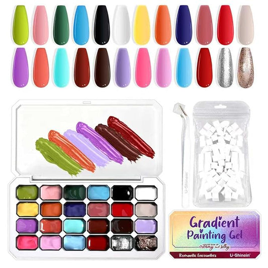 Gradient Painting Gel, 24 Bright Glitter Gold&Silver Black&White Pearlescent Colors Ombre Gel Nail Polish for Light Pigment Pat Nail Gel Kit French Manicure No-wipe DIY Nail Art Soak of UV B