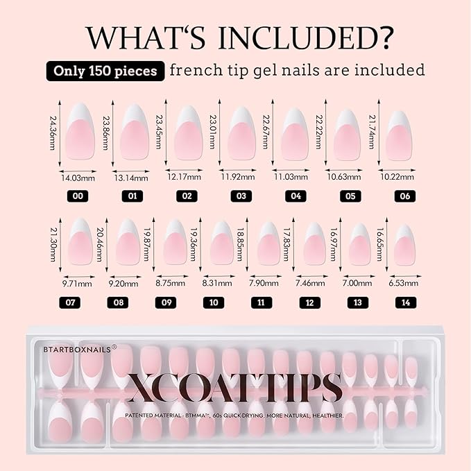 BTArtboxnails French Gel Nail Tips - French Tip Press on Nails Pink Medium Almond XCOATTIPS for Nail Extensions